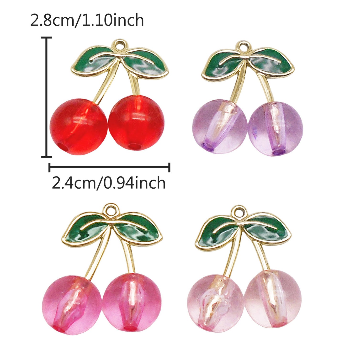 4Pcs 28x14mm Acrylic Cherry Charms with Enamel Alloy Leaf Fruit Pendants for Jewelry Decoration Keychain Dangle Making Crafts Decor