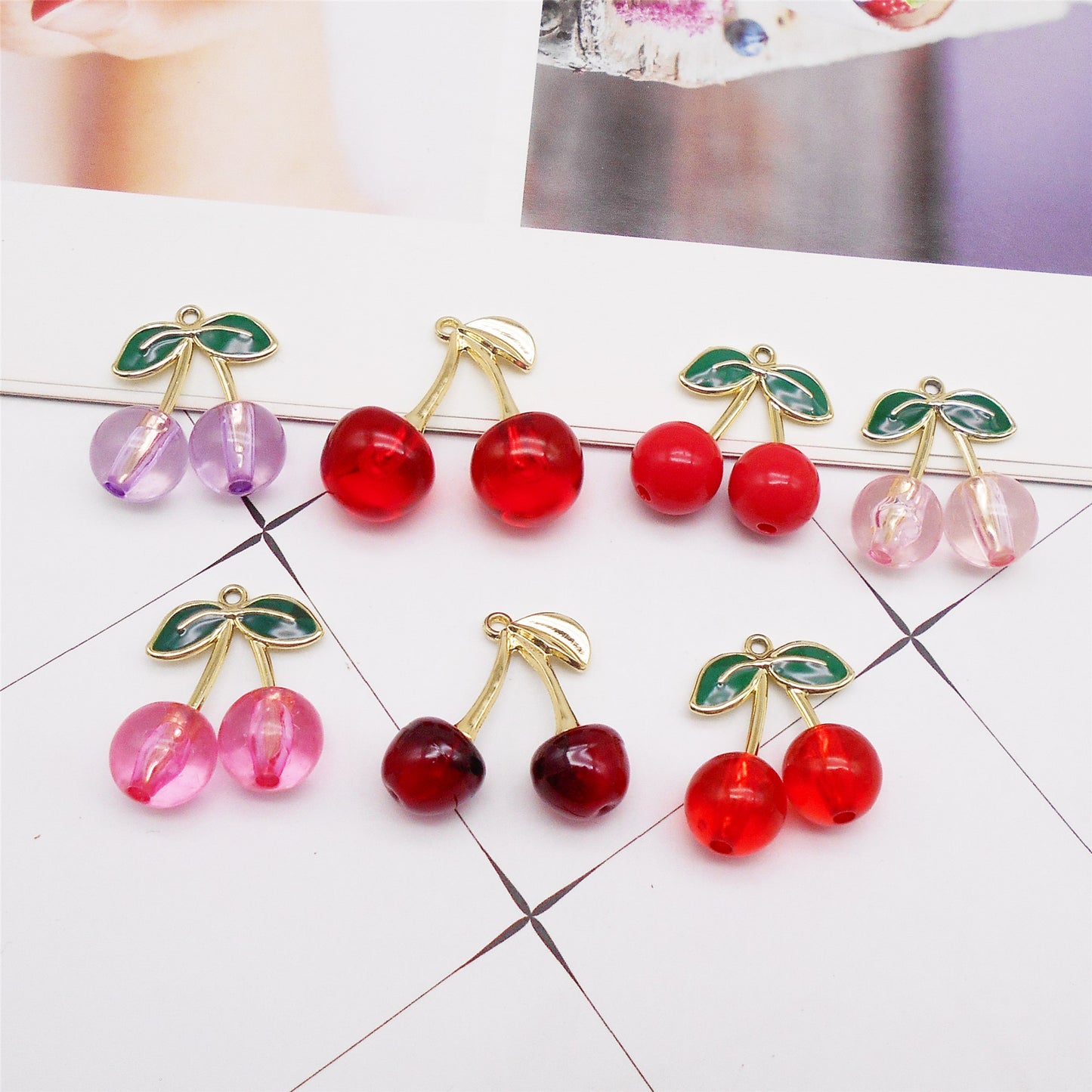 7PCS Mixed Acrylic Cherry Charms with Alloy Enamel Leaf, 3-D Fruit Pendants Key Rings Dangle Making Accessories Necklace Bracelet Earring Decoration Crafts Shoes Bags Decor