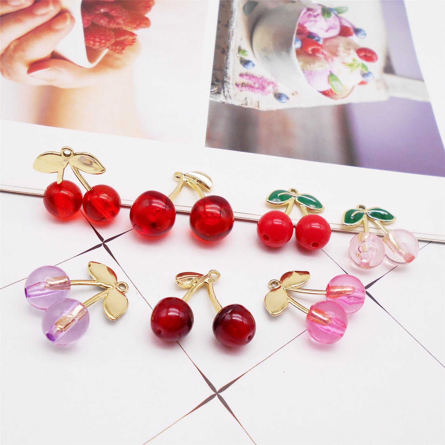 7PCS Mixed Acrylic Cherry Charms with Alloy Enamel Leaf, 3-D Fruit Pendants Key Rings Dangle Making Accessories Necklace Bracelet Earring Decoration Crafts Shoes Bags Decor