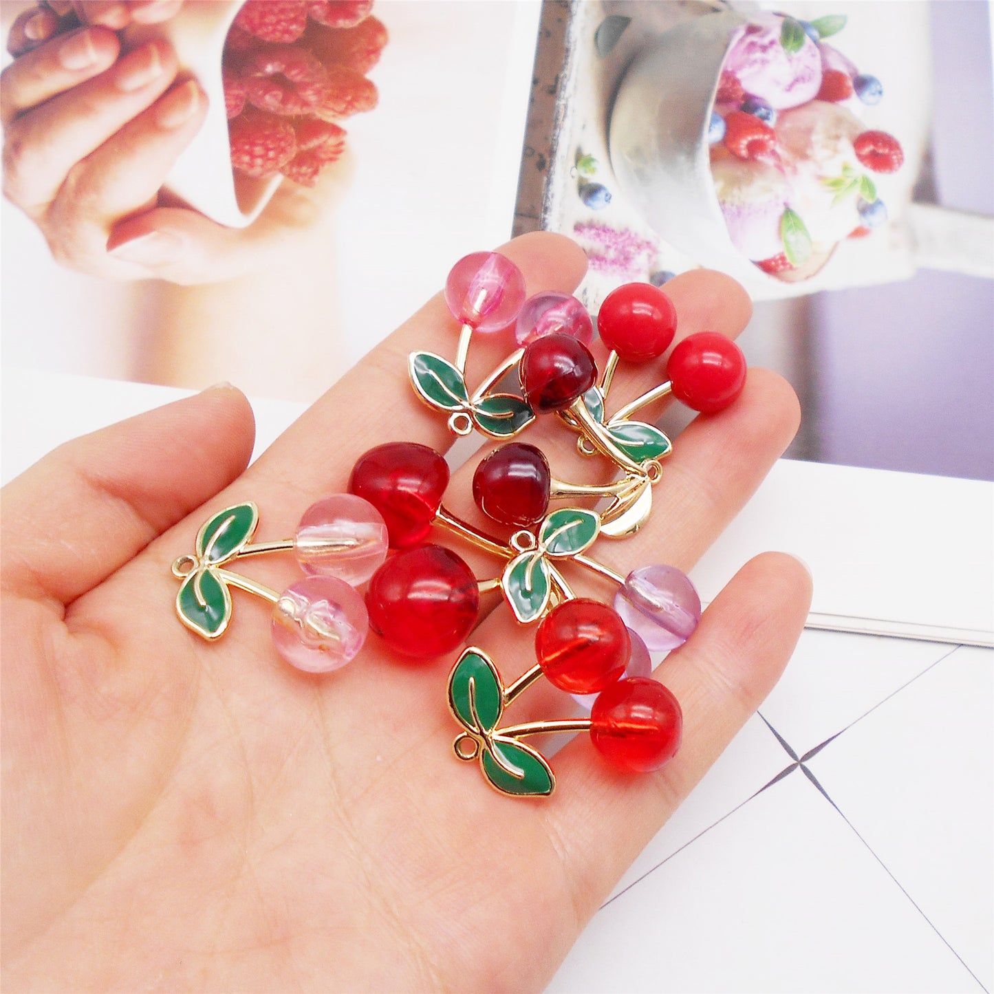7PCS Mixed Acrylic Cherry Charms with Alloy Enamel Leaf, 3-D Fruit Pendants Key Rings Dangle Making Accessories Necklace Bracelet Earring Decoration Crafts Shoes Bags Decor
