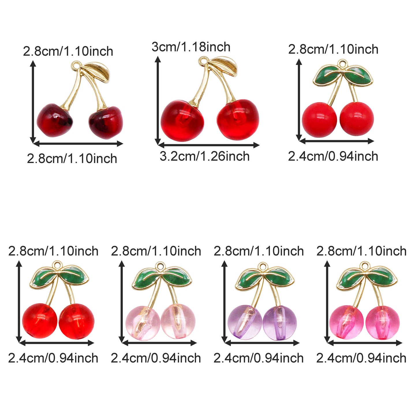 7PCS Mixed Acrylic Cherry Charms with Alloy Enamel Leaf, 3-D Fruit Pendants Key Rings Dangle Making Accessories Necklace Bracelet Earring Decoration Crafts Shoes Bags Decor