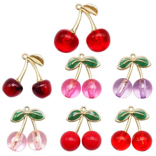 7PCS Mixed Acrylic Cherry Charms with Alloy Enamel Leaf, 3-D Fruit Pendants Key Rings Dangle Making Accessories Necklace Bracelet Earring Decoration Crafts Shoes Bags Decor