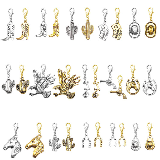 32/64PCS Antique Gold&Silver Color Western Cowboy Collection Charms with Lobster Clasp Alloy Boots Hats Cactus Eagle Pendants Decorative Shoe Accessories Key Ring Dangle Bags Clothes Hanging Decor