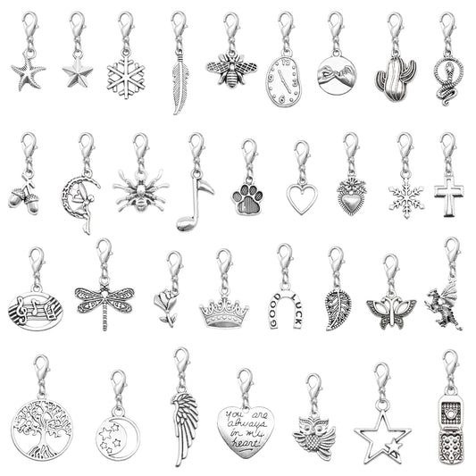 30pcs Mixed Retro Silver Color Alloy Cactus Star Pendants with Lobster Clasp Shoe Charms Key Chain Dangle Bags Purses Clothes Hanging Decor