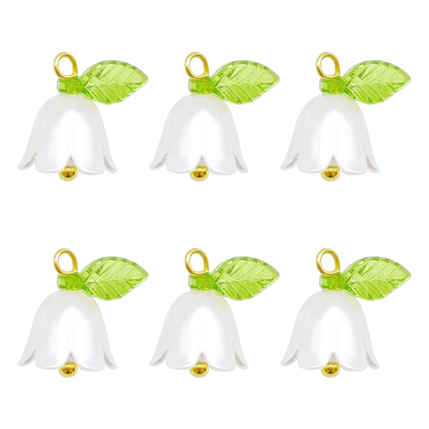 10PCS 14*14mm White Plastic Bell Flower Charms with Green Acrylic Leaf, Handmade Floral Dangles for Pendant Jewelry Making DIY Necklace Bracelet Crafts Supplies