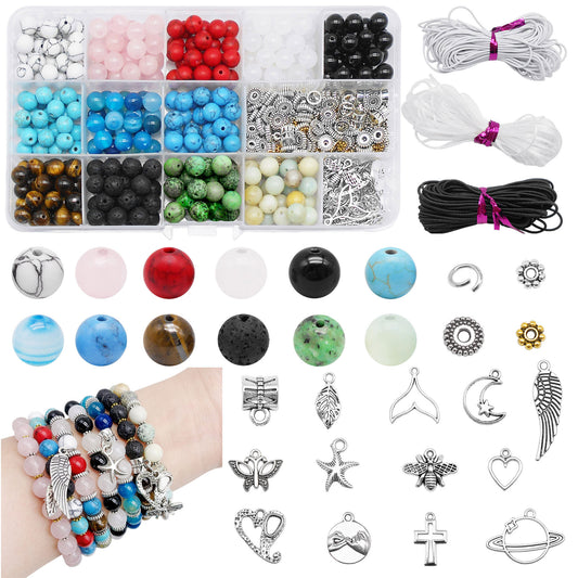 1 Box of 674 PCS Jewelry Making Set with Natural Stone Beads & Silver Charms, DIY Necklace Bracelet Supplies included Jumping Rings, Elastic Cords, Spacer Beads | Craft Gift for Friend