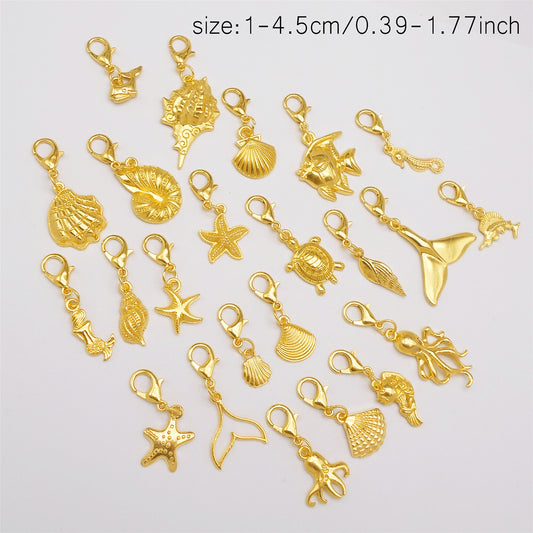 20PCS 10-45mm Alloy Sea Animal Marine Life Pendants with Lobster Clasp Gold&Silver Color Shoe Charms Keyring Dangle Bags Purses Clothes Hanging Decor DIY Crafts Supplies