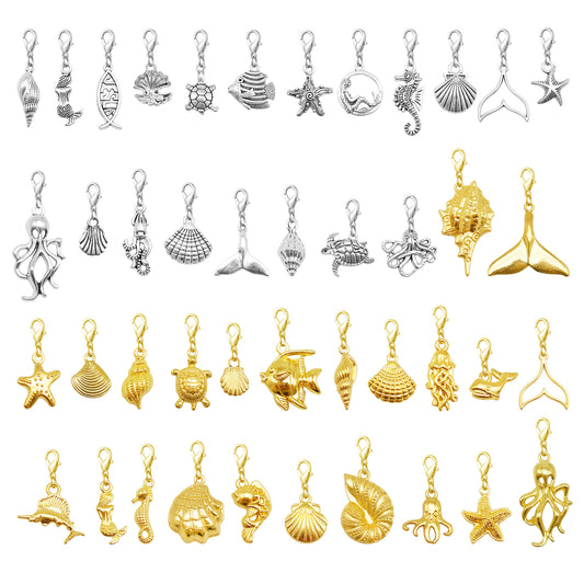 20/23/43PCS 10-45mm Alloy Sea Animal Marine Life Pendants with Lobster Clasp Gold&Silver Color Shoe Charms Keyring Dangle Bags Purses Clothes Hanging Decor DIY Crafts Supplies
