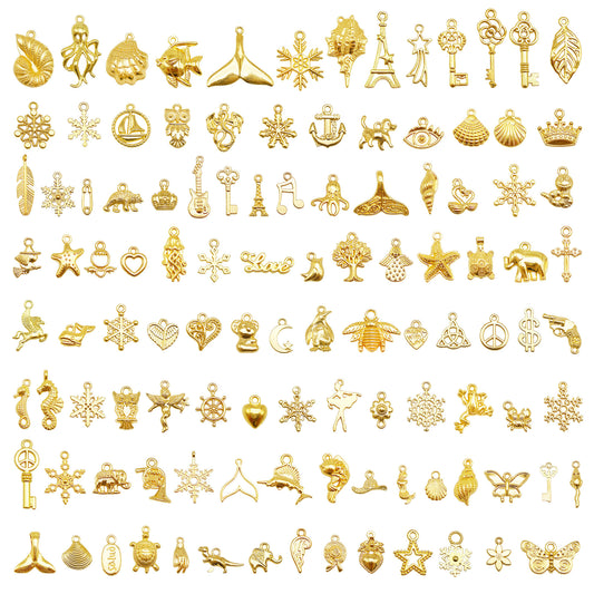 50PCS 10-45mm Mixed Gold Color Marine Life Charms Heart Moon Star Snowflake Metal Pendants for Jewelry Making DIY Craft Decor
