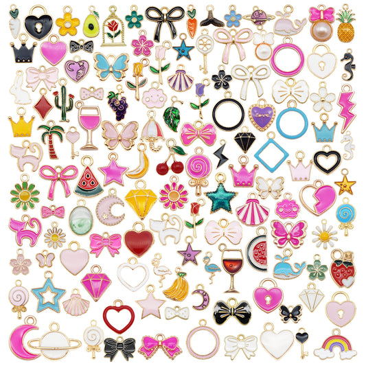 100PCS 5-20mm Multi-Color Alloy Charms Enamel Bowknot Heart Star Pendants for Necklace Bracelet Earring Making Accessories DIY Crafts Supplies Keychain Keyring Decor