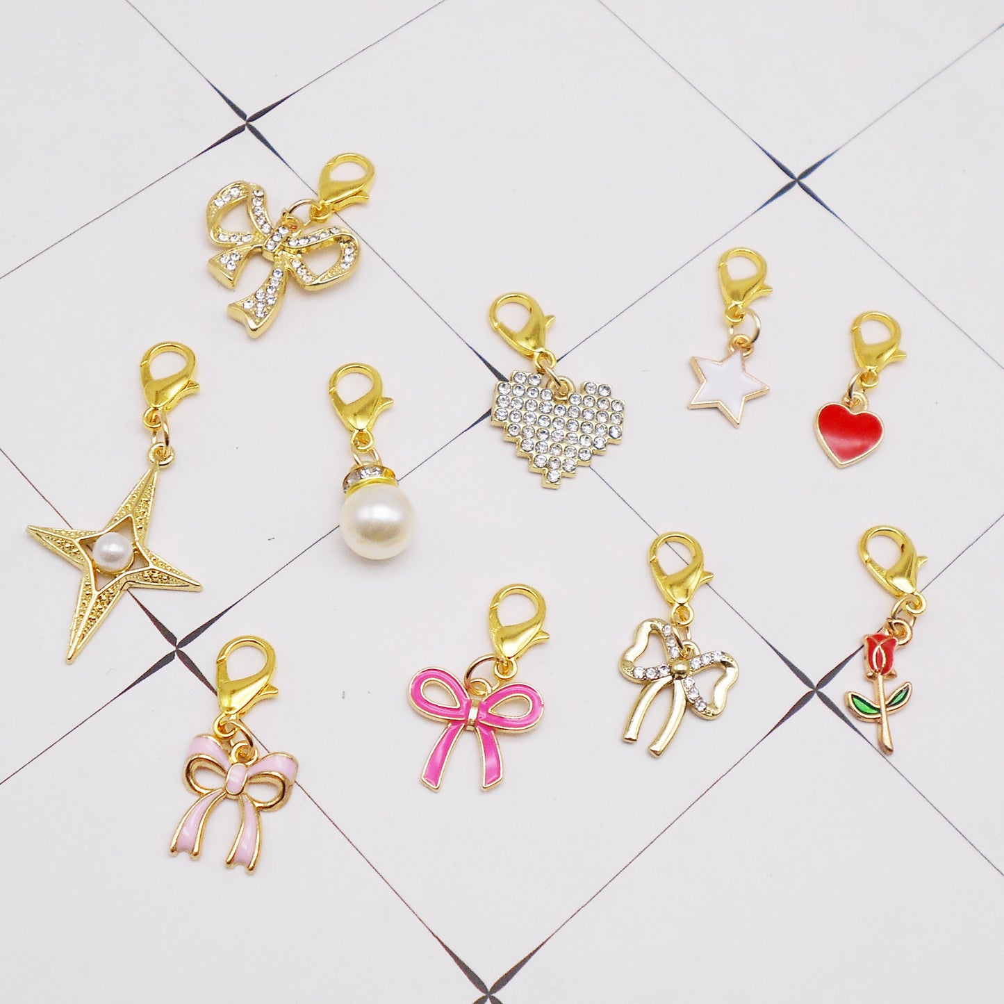 10pairs Mixed Alloy Star Heart Charms with Lobster Clasp Rhinestones Bowknot Enamel Bow Pendants for Shoes Bags Decor