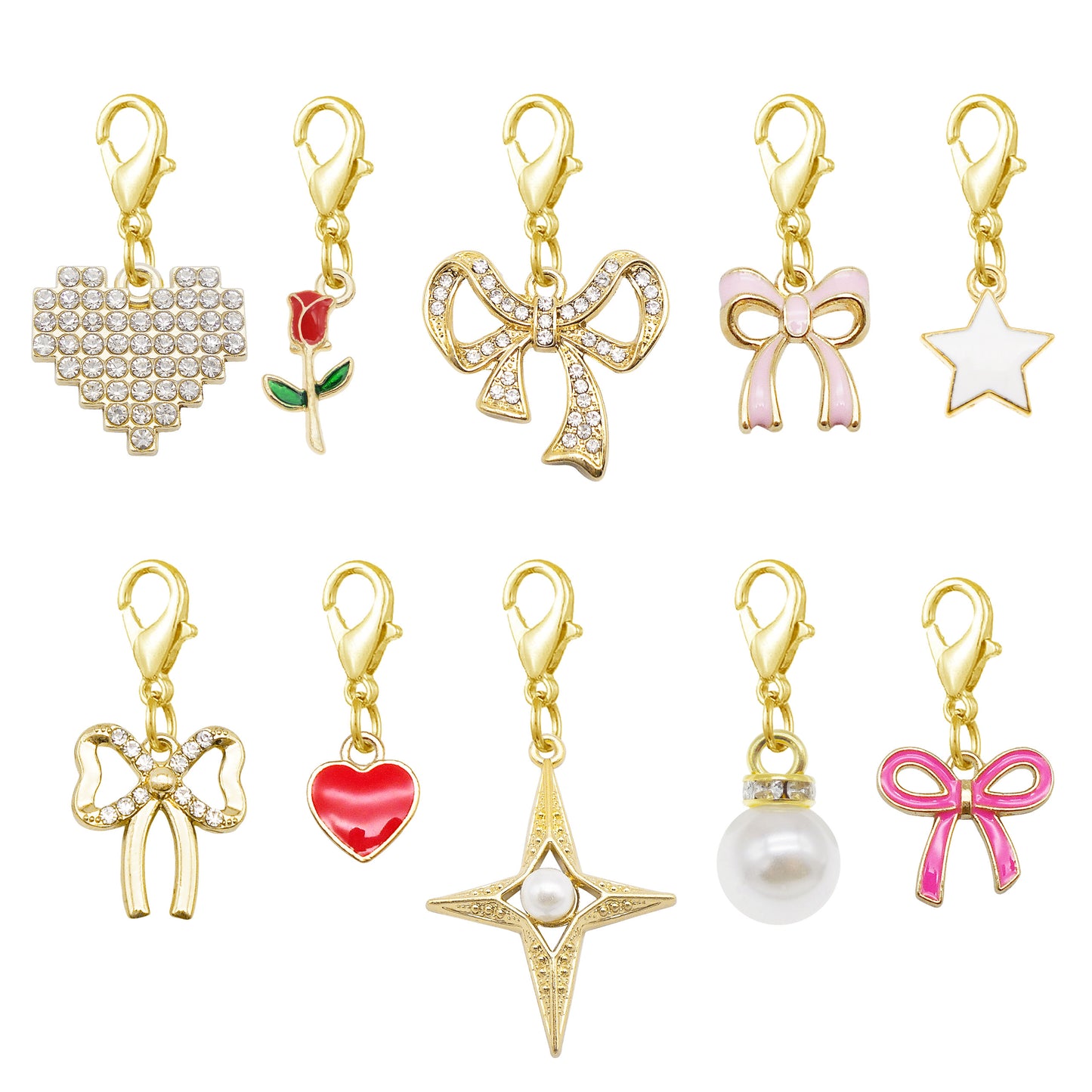 10pairs Mixed Alloy Star Heart Charms with Lobster Clasp Rhinestones Bowknot Enamel Bow Pendants for Shoes Bags Decor