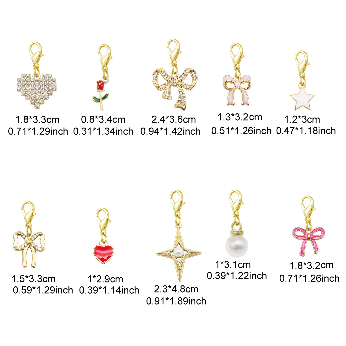 10pairs Mixed Alloy Star Heart Charms with Lobster Clasp Rhinestones Bowknot Enamel Bow Pendants for Shoes Bags Decor