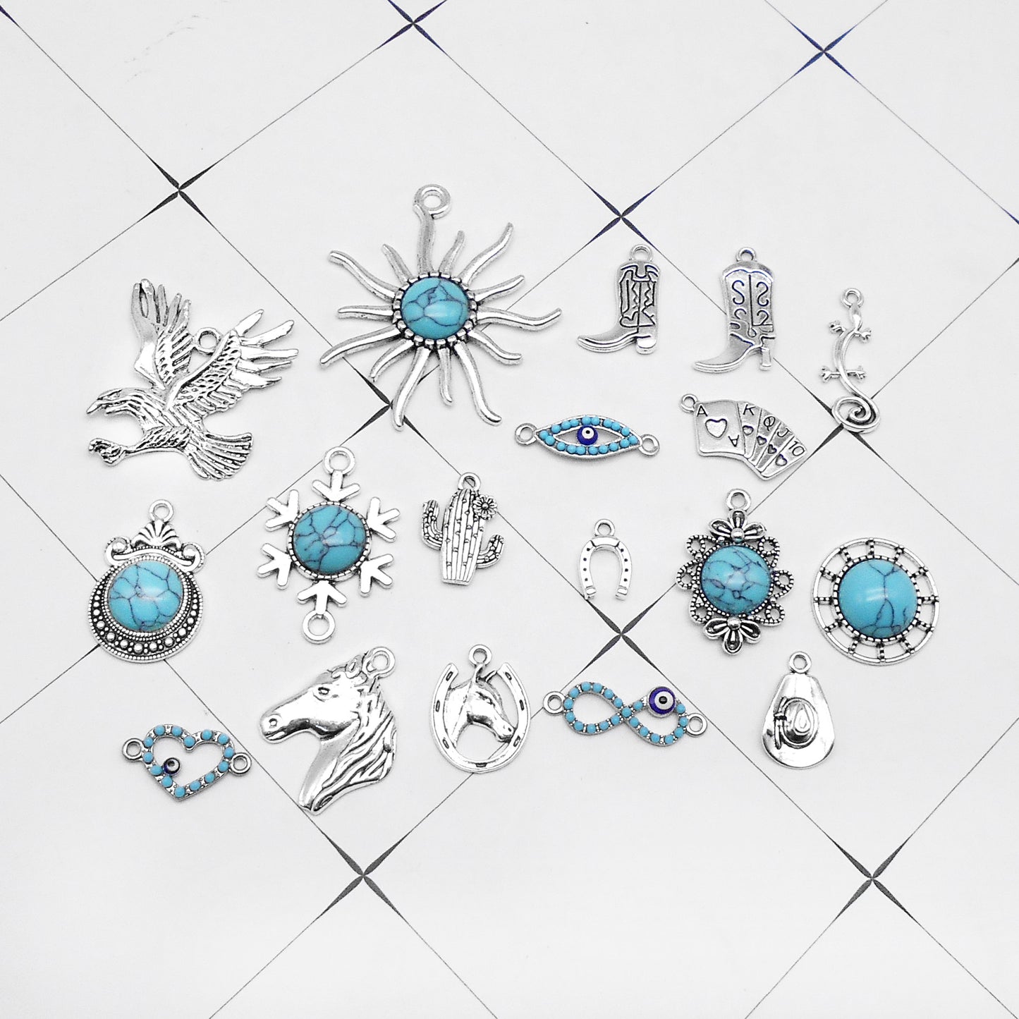 18pcs Blue Turquoise Embellished Alloy Charms Retro Silver Color Eagle Boots Pendants Western Cowboy Theme Jewelry Making Accessories for DIY Crafts
