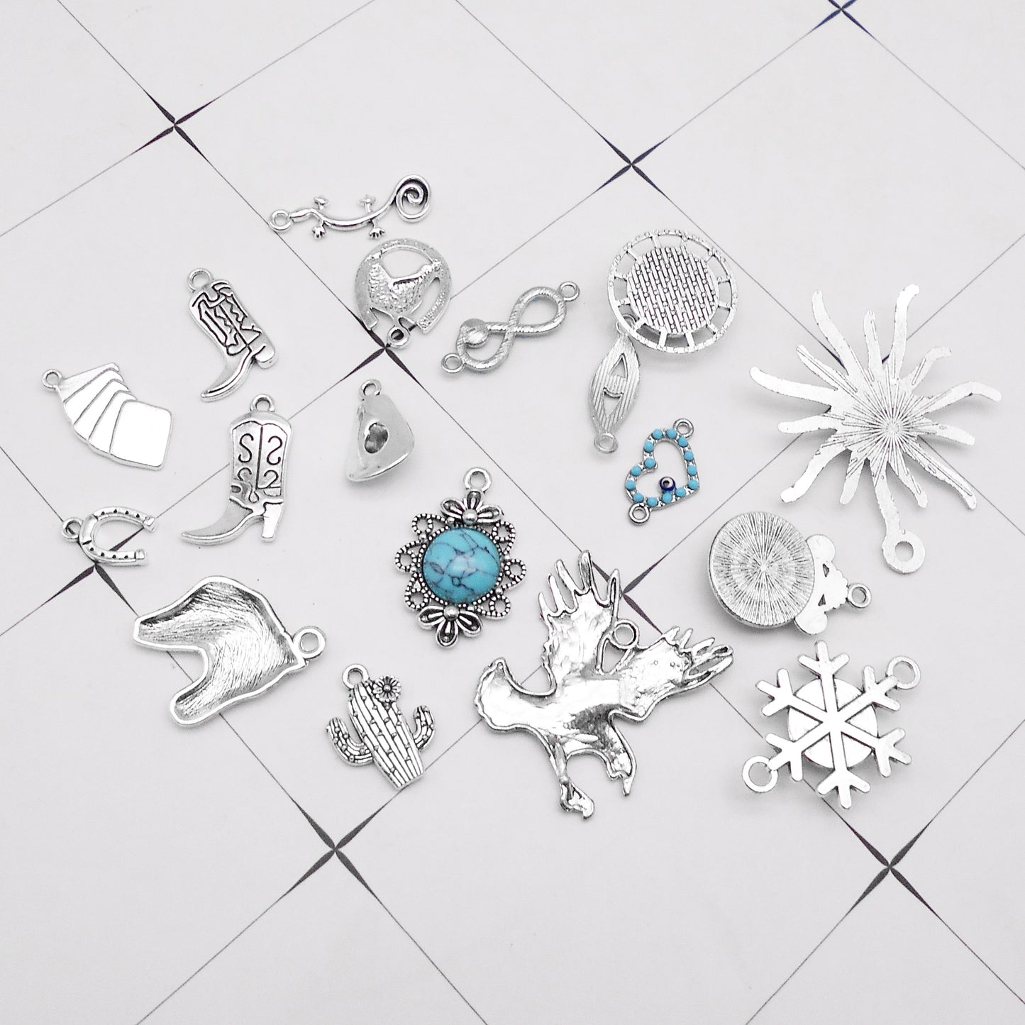 18pcs Blue Turquoise Embellished Alloy Charms Retro Silver Color Eagle Boots Pendants Western Cowboy Theme Jewelry Making Accessories for DIY Crafts