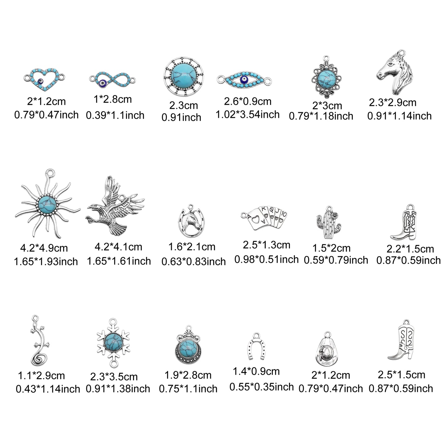 18pcs Blue Turquoise Embellished Alloy Charms Retro Silver Color Eagle Boots Pendants Western Cowboy Theme Jewelry Making Accessories for DIY Crafts