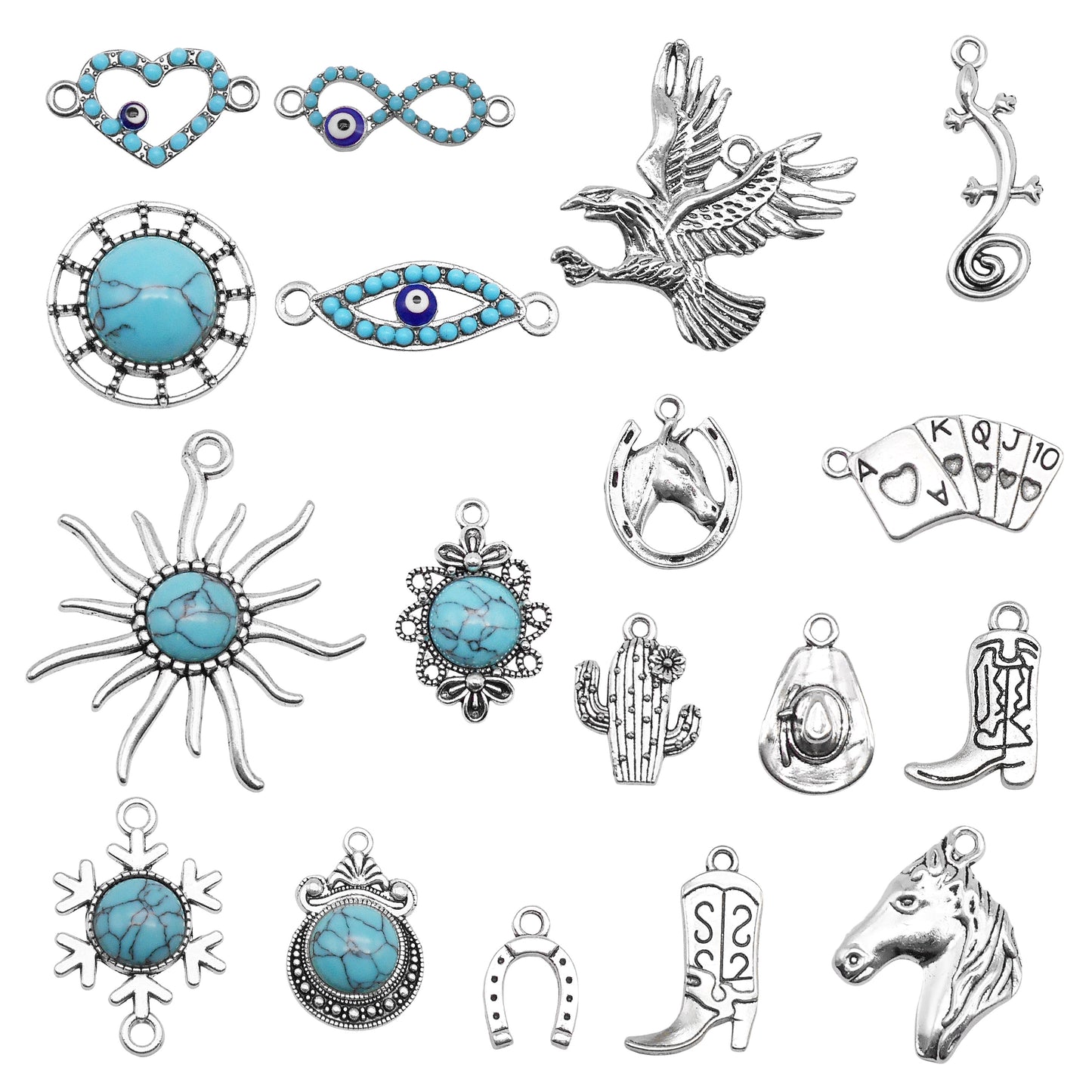 18pcs Blue Turquoise Embellished Alloy Charms Retro Silver Color Eagle Boots Pendants Western Cowboy Theme Jewelry Making Accessories for DIY Crafts