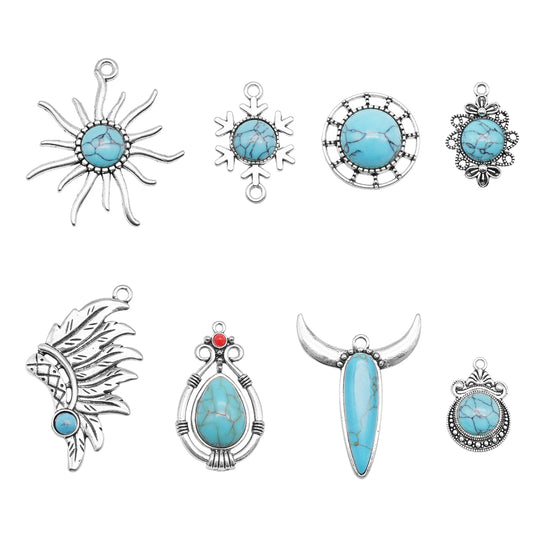 8pcs Handmade Metal Alloy Charms Blue Turquoise Embellished Retro Silver Color Pendants for DIY Crafts Jewelry Making Accessories