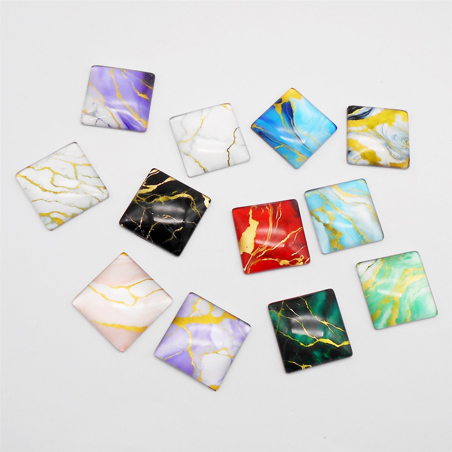 12pcs 25mm Flat Back Marble Texture Pattern Cabochons Square Glass Tiles Time Gems Scrapbooking Embellishments for Jewelry Making DIY Crafts Decor