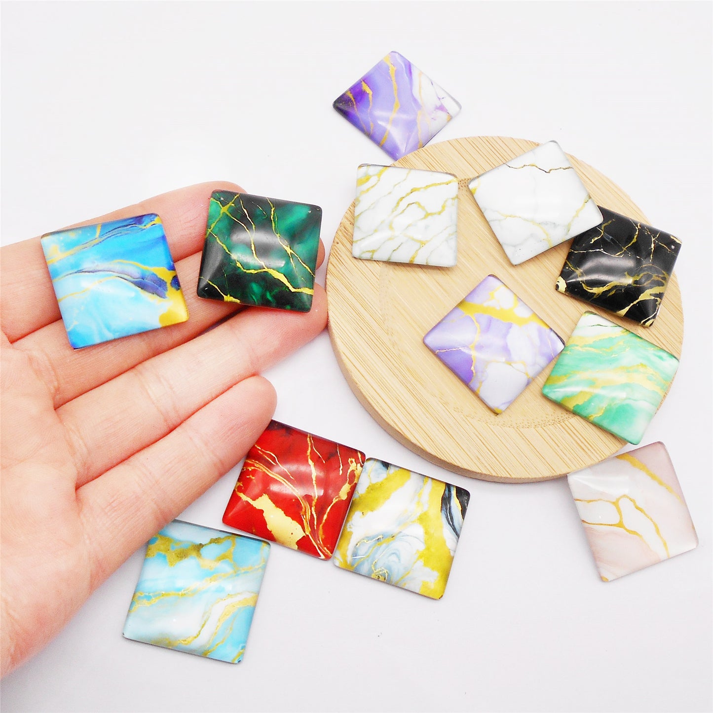 12pcs 25mm Flat Back Marble Texture Pattern Cabochons Square Glass Tiles Time Gems Scrapbooking Embellishments for Jewelry Making DIY Crafts Decor