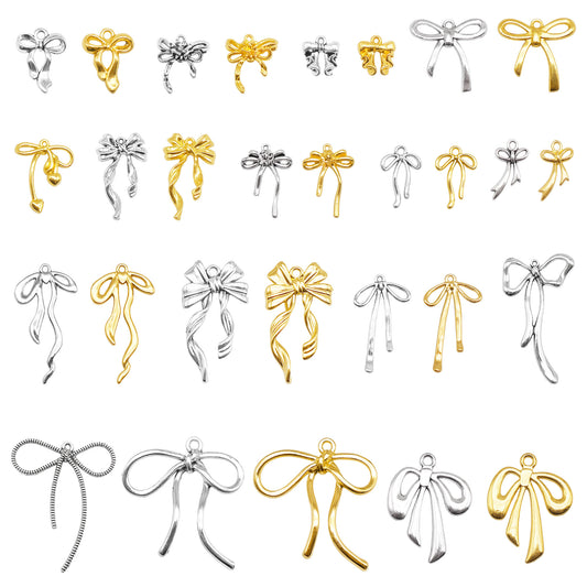 1/14/15/29pcs Gold & Silver Color Bow Charms Metal Alloy Bowknot Pendants Jewelry Accessories for DIY Crafts Necklace Bracelet Earring Making Keychain Keyring Decor
