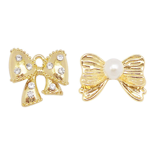 2pcs Gold Color Rhinestones Bow Charms Imitation Pearl Embellished Bowknot Pendants Alloy Crafts for Jewelry Making Necklace Bracelet Earring Decor