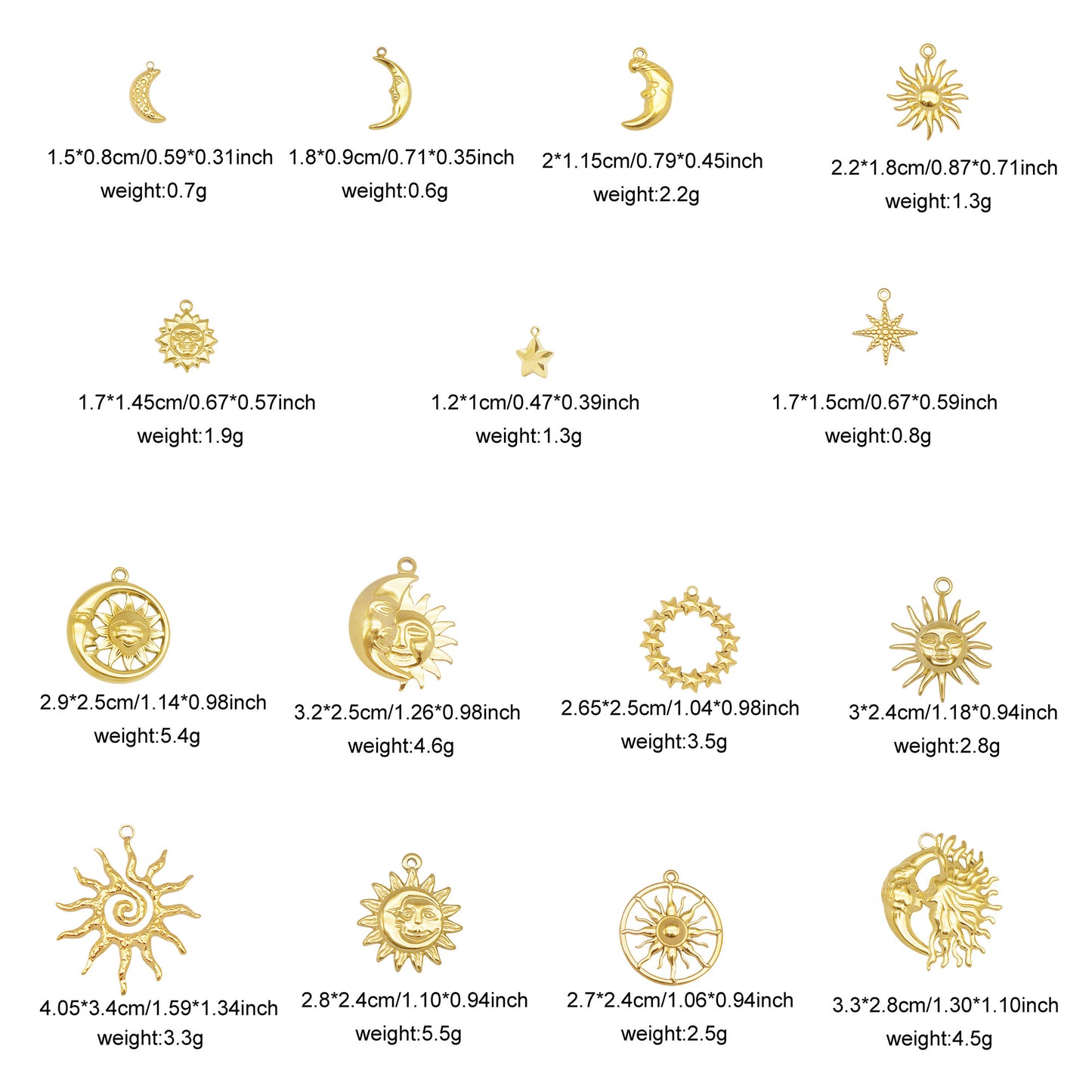 1 Piece Chic Gold Tone Star Charms Stainless Steel Sun Moon Pendants for Necklace Bracelet Earring Making DIY Jewelry Craft Decor