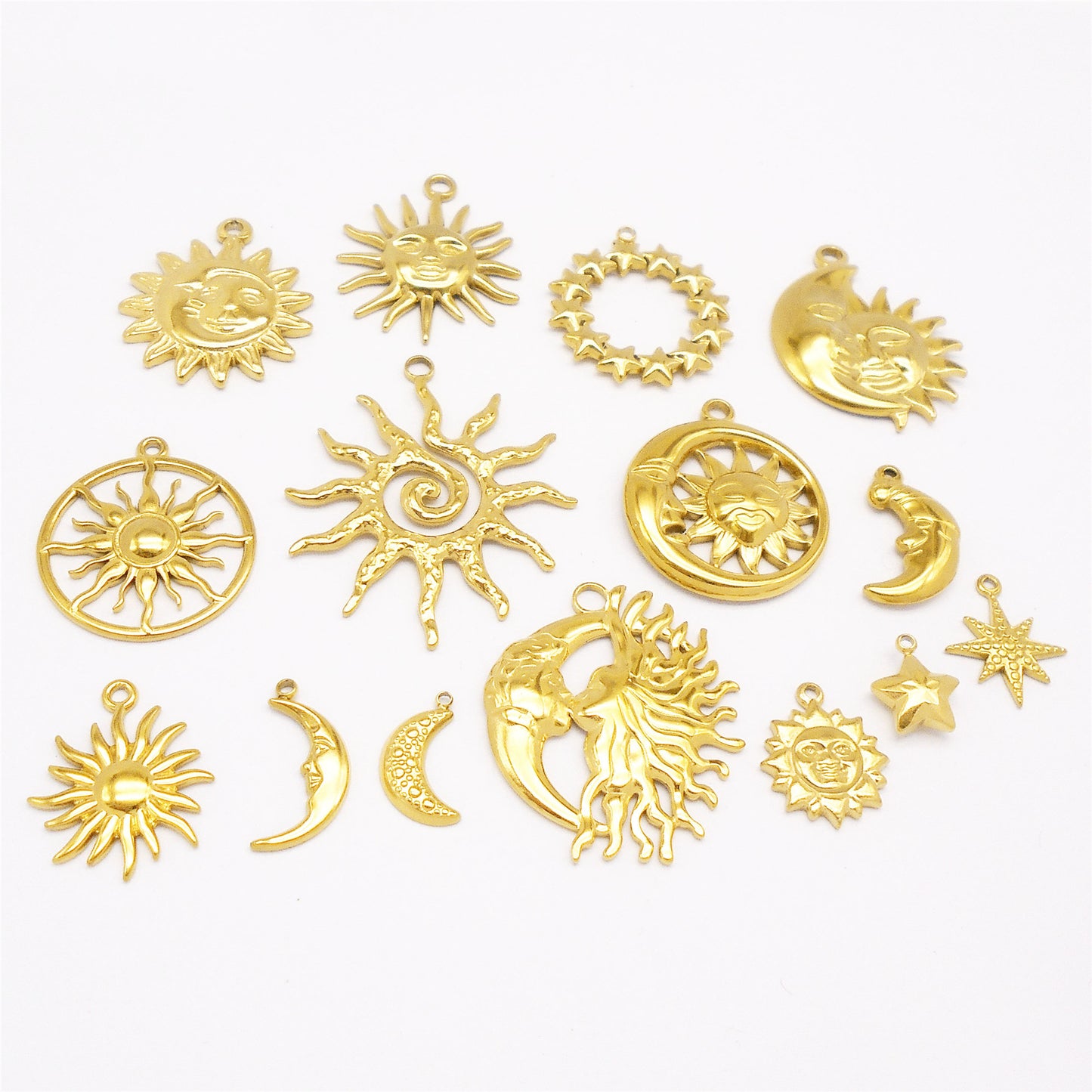 1 Piece Chic Gold Tone Star Charms Stainless Steel Sun Moon Pendants for Necklace Bracelet Earring Making DIY Jewelry Craft Decor