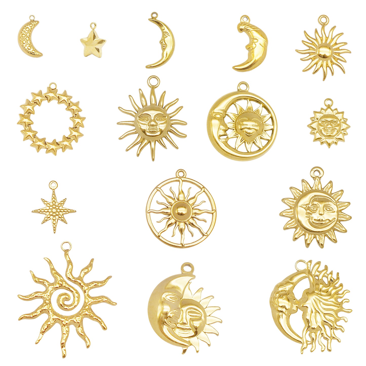 1 Piece Chic Gold Tone Star Charms Stainless Steel Sun Moon Pendants for Necklace Bracelet Earring Making DIY Jewelry Craft Decor