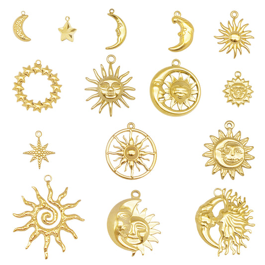 1/15pcs Chic Gold Tone Star Charms Stainless Steel Sun Moon Pendants for Necklace Bracelet Earring Making DIY Jewelry Craft Decor