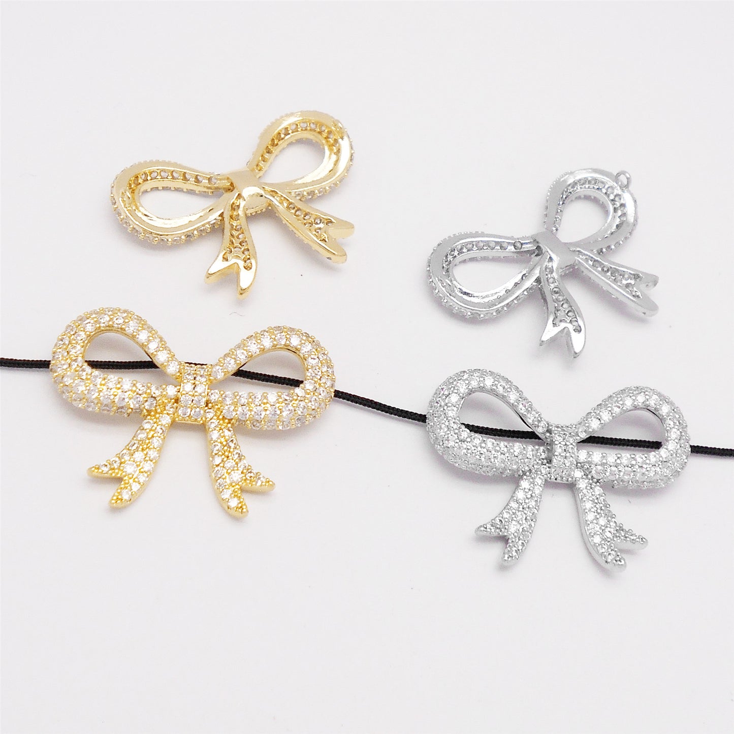 1 Piece Gold & Silver Color Bow Charms with Zircon Rhinestones Crystal Embellished Bowknot Pendant Connector Copper for Jewelry Bracelet Earring Necklace Making 25.5*18.5mm