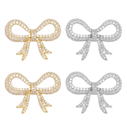 1/2pcs 25.5*18.5mm Gold & Silver Color Copper Bow Zircon Charms Rhinestones Crystal Embellished Bowknot Pendant Connector for Bracelet Earring Necklace Making