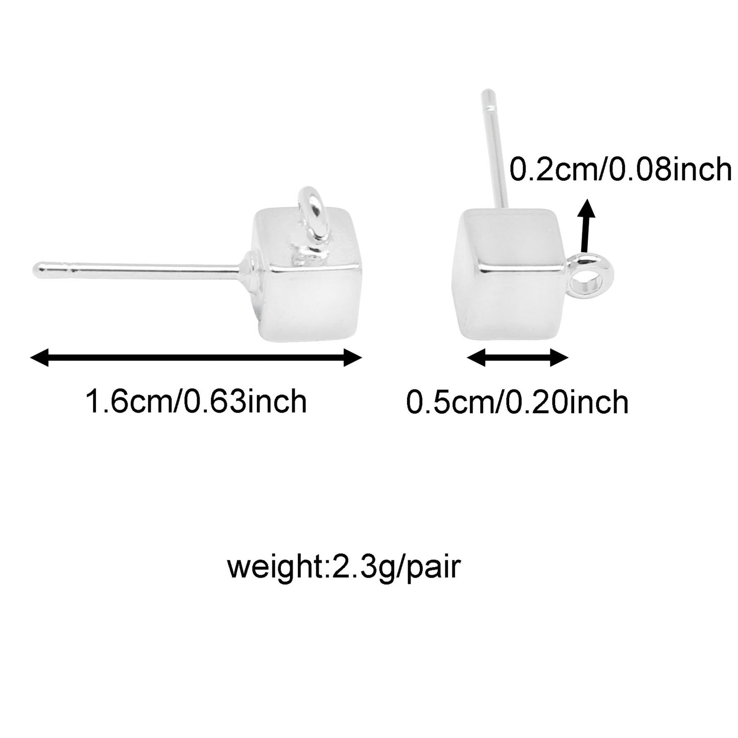 1 Pair 16x5mm Silver Copper Post Earrings Cube Head Ear Stud with Loop for Dangling Charms, Minimalist Designed Hypoallergenic Earring Piercing Jewelry
