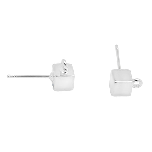 1 Pair 16x5mm Silver Copper Post Earrings Cube Head Ear Stud with Loop for Dangling Charms, Minimalist Designed Hypoallergenic Earring Piercing Jewelry