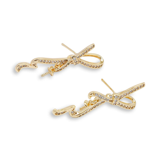 1 Pair 32*16mm Quality Gold Plated Copper Bow Ear Posts Crystal Rhinestones Embellished Bowknot Stud Earrings Chic Hypoallergenic Ear Piercing Jewelry for Ladies
