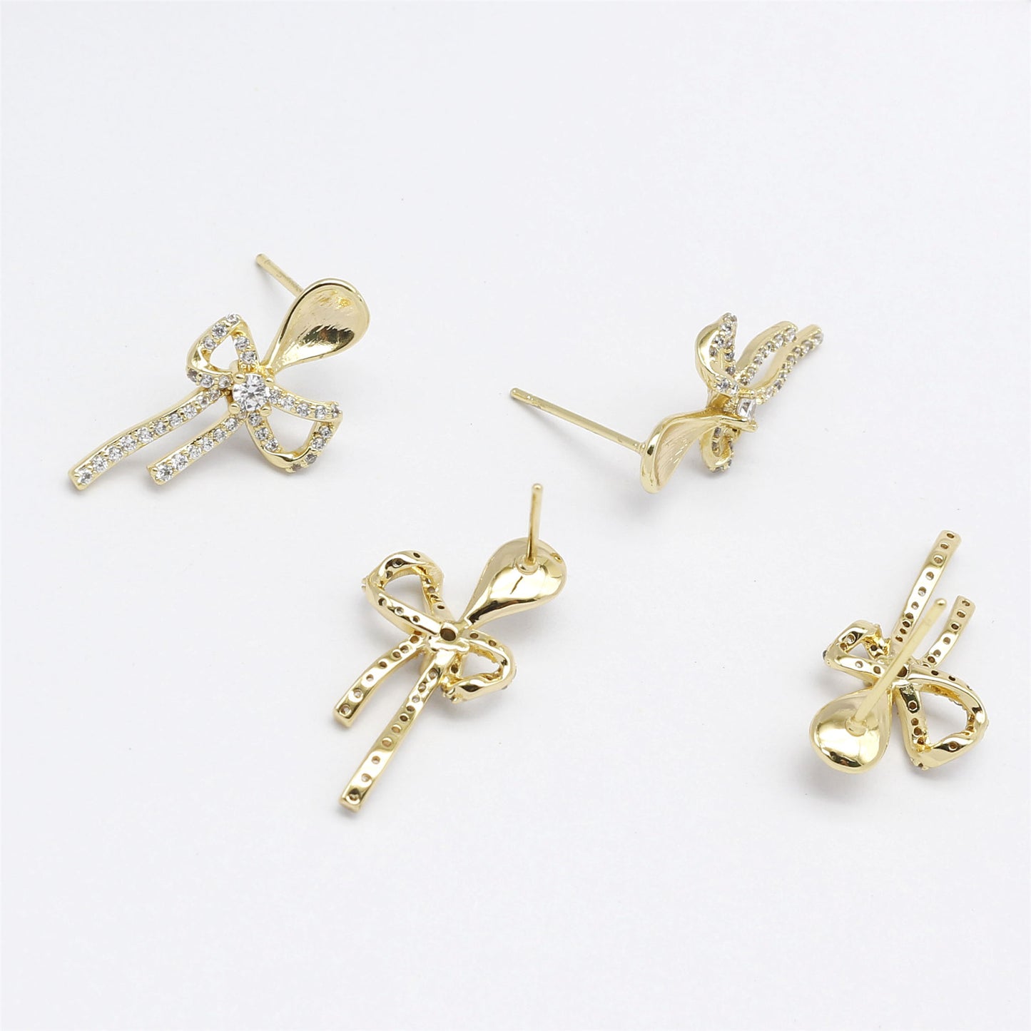 1 Pair 24*12mm Gold Color Brass Bow Ear Post with Rhinestones Crystal Embellished Bowknot Stud Earrings Hypoallergenic Earring Decoration