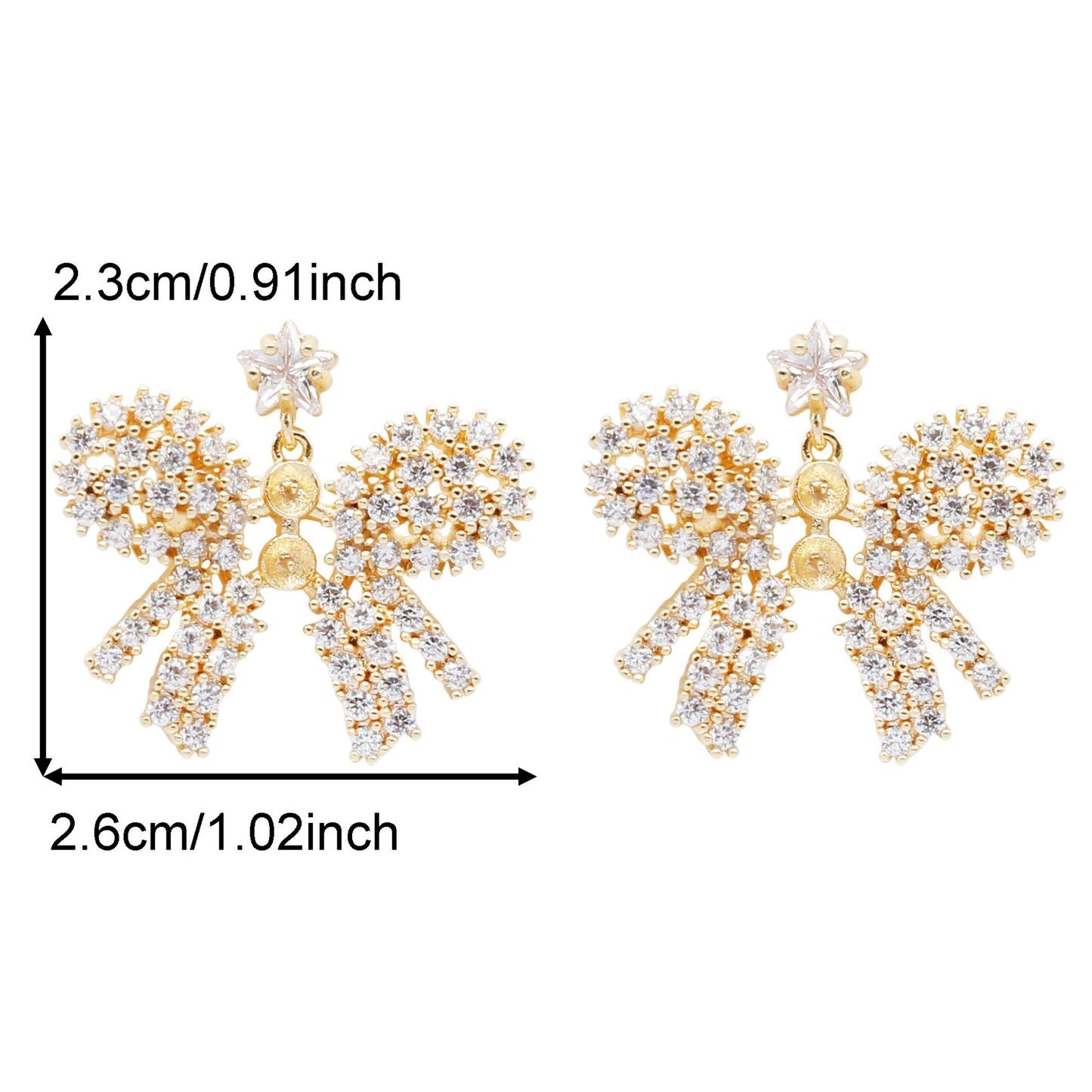 1 Pair 26*23mm Gold Color Brass Zircon Bow Ear Stud Crystal Rhinestones Embellished Bowknot Earrings Hypoallergenic Earring Jewelry for Ladies