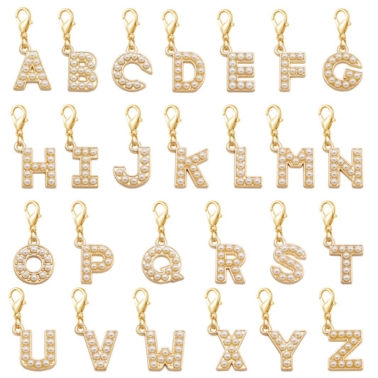 1/26pcs Alphabet A-Z Letters Charms Faux Pearl Embellished Alloy Pendants for Jewelry Making Accessories Ladies Bags Clothes Shoes DIY Crafts Decor