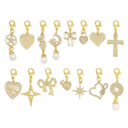 1/15pcs Gold Color Alloy Bowknot Love Heart Charms with Lobster Clasp Crystal Rhinestones Pendants for Jewelry Making Shoes Women Bags Clothes Decor