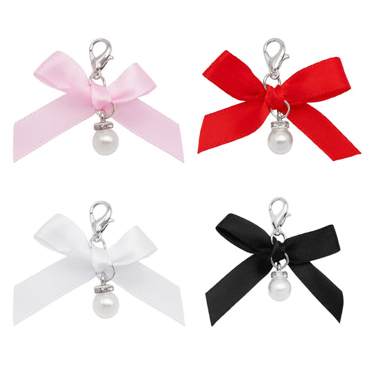 4pcs 4-5cm Handmade Ribbon Bowknot Pendants with Imitation Pearl Dangle Shoe Charms Earring Necklace Bracelet Jewelry Making Accessories Women Ladies Purses Bags Clothes Hanging Decor