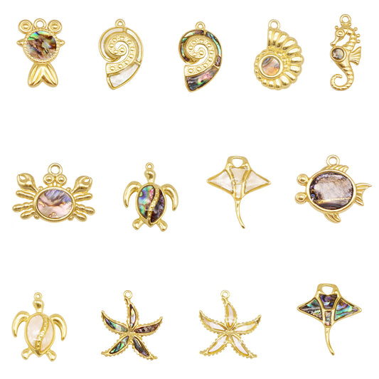 1/13pcs Quality Plated Gold Color Sea Life Charms with Natural Shells Stainless Steel Turtles Crabs Conch Shells Seahorses Sea Stars Pendants for Necklace Bracelet Making Summer Beach Jewelry Accessories Crafts Decor