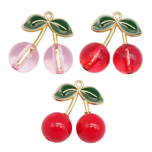 6pcs 25*25mm Acrylic Cherry Charms with Alloy Enamel Leaf 3D Fruit Pendants Fashion Jewelry Accessories for Necklace Bracelet Earring Making Keychains Shoes Bags Crafts Decor
