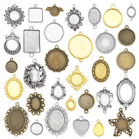 20pcs/100g Mixed Alloy Base Blank Pendants Memorial Photo Gem Setting Tray Round & Square Bezel for DIY Jewelry Making Accessories 1-4.5cm