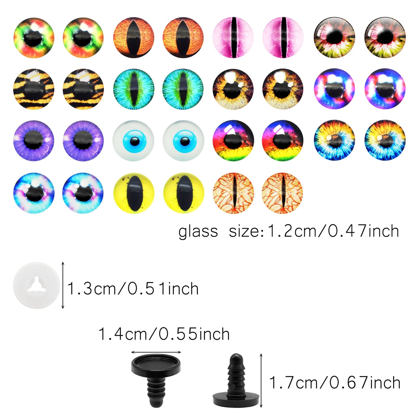 Animal Toy Eyes with Plastic Bases & Washers, Round & Vertical Pupils Evil Dragon Eyes Flat Back Cabochons Decorative Glass Cat Lizard Eyes for Doll Decor Jewelry Making DIY Crafts Supplies 8/9/12/13.5/16.2/21mm