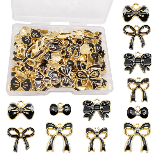1 Box of 60Pcs Metal Alloy Bow Charms Enamel Bowknot Pendants for Jewelry Necklace Bracelet Earring Making Accessories DIY Crafts Decoration