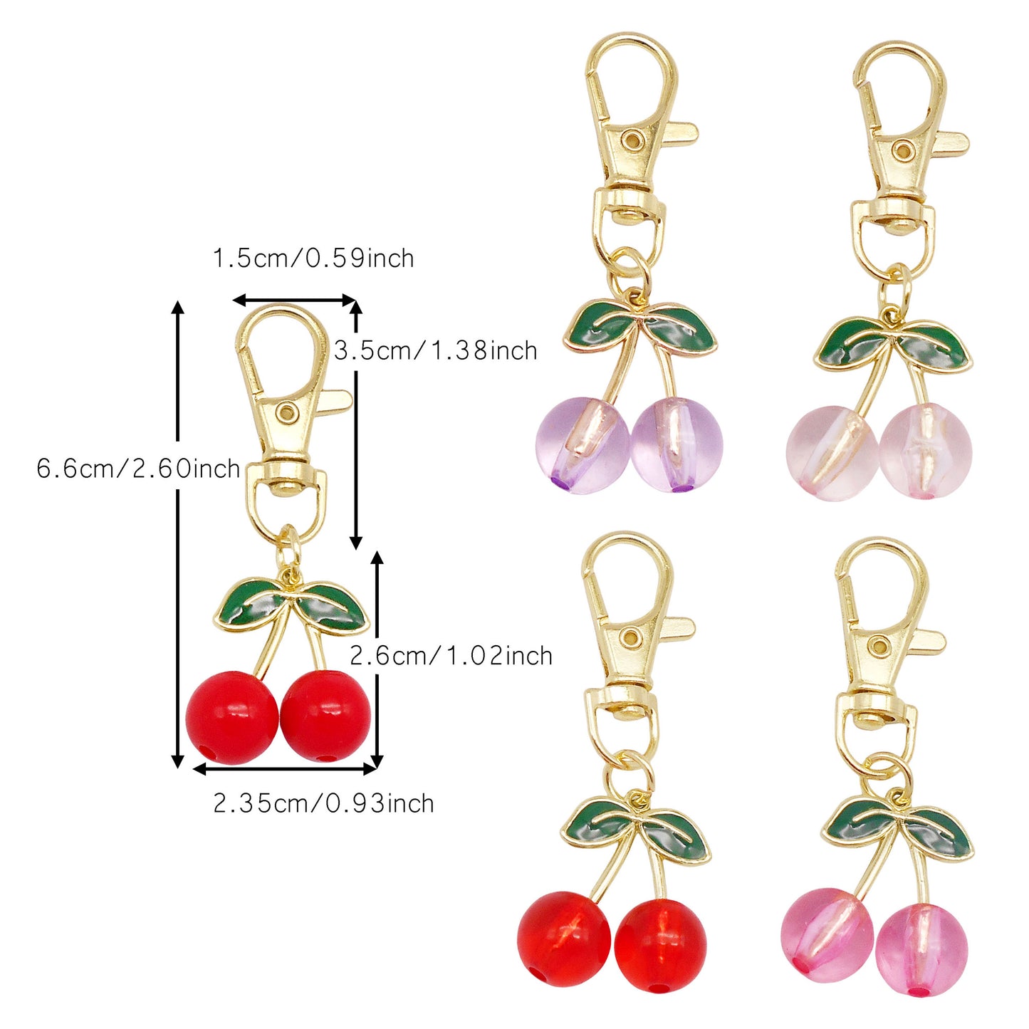 1 Piece Acrylic Cherry Charms with Alloy Leaf,  3D Fruit Pendants with Clasp, Key Chain Dangle Jewelry Making Supplies Women Ladies Clothes Bags Purses Hanging Decor