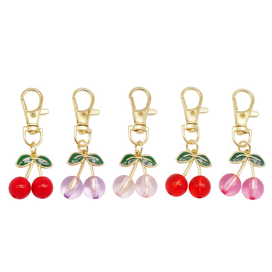 1/5pcs Acrylic Cherry Charms with Alloy Leaf,  3D Fruit Pendants with Clasp, Key Chain Dangle Jewelry Making Supplies Women Ladies Clothes Bags Purses Hanging Decor