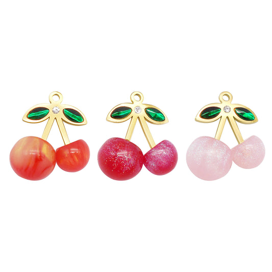 1/3pcs 23*21.5mm Acrylic Cherry Charms with Stainless Steel Leaf 3D Fruit Pendants for Jewelry Necklace Bracelet Earring Making Accessories DIY Crafts Decoration
