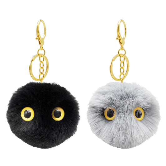 2pcs Handmade Black&Grey Fluffy Ball Charms with Clasps&Eyes Cabochons, Faux Rabbit Fur Pom pom Pendants Keychain Dangle Jewelry Making Supplies Bags Purses Clothes Hanging Decoration