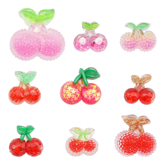9pcs Sparkling Resin Cherry Cabochons Flat Back 3D Fruit Embellishment for Shoe Charms Making Jewelry Supplies Hair Clip Crafts Decor